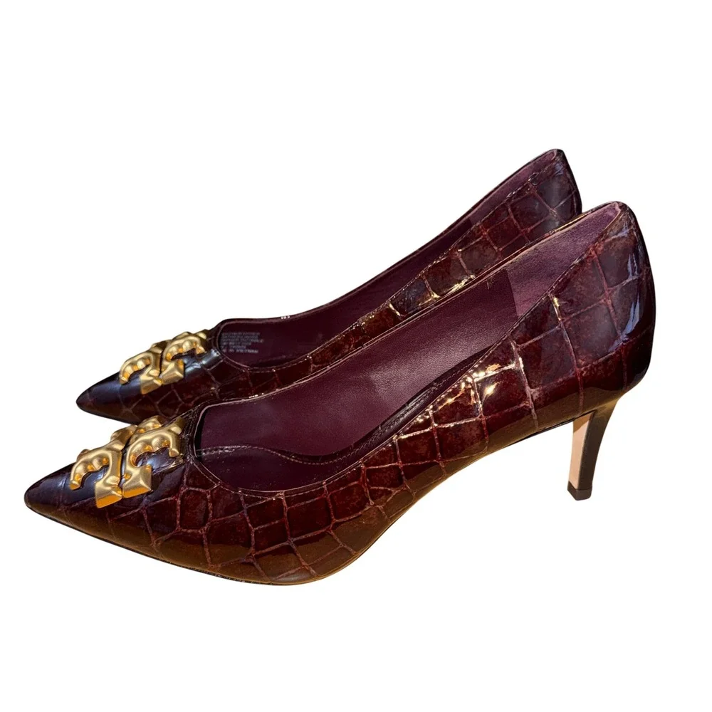 Tory Burch Eleanor Womens 6.5M Pre-Owned Heels Burgundy Croc Embossed Gold Logo